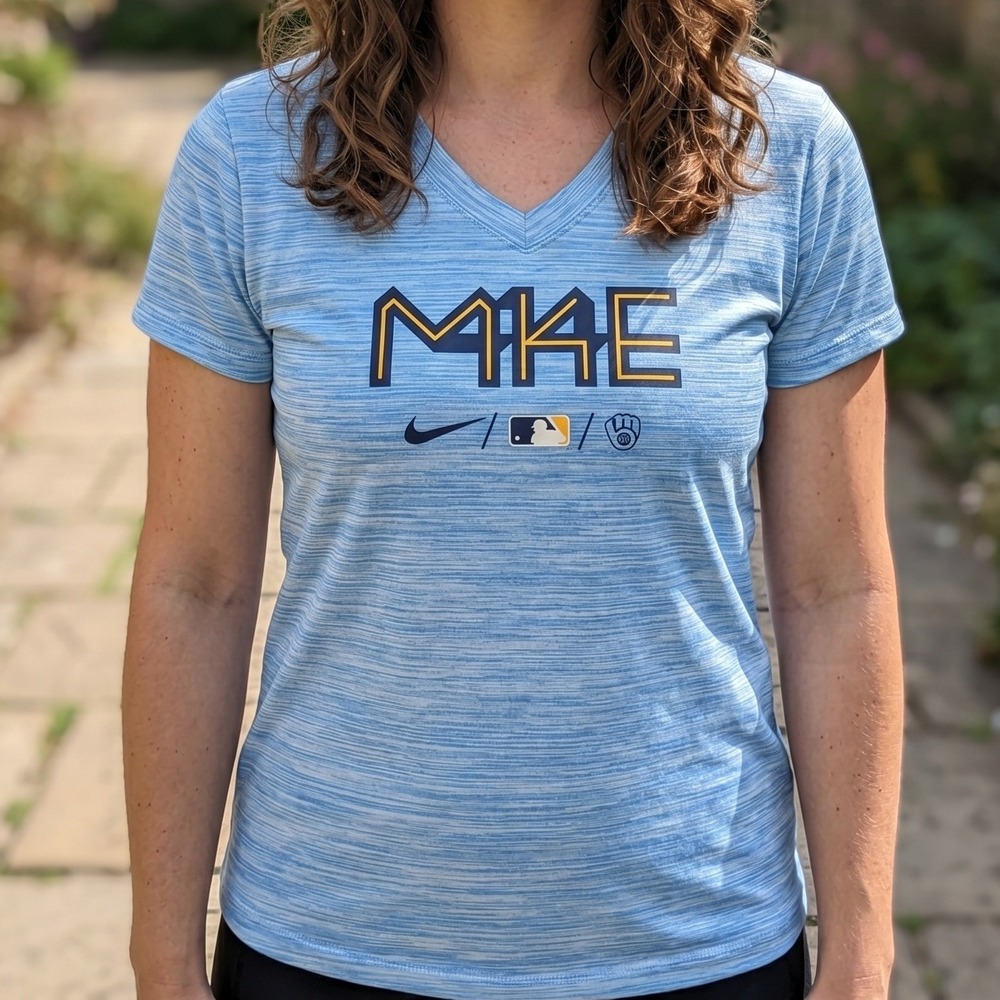 Nike Milwaukee Brewers MKE Dri-FIT V-Neck Shirt Light Blue Heather Mens XL